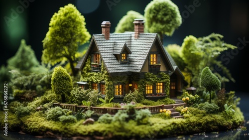 Miniature model of an eco-friendly house with trees