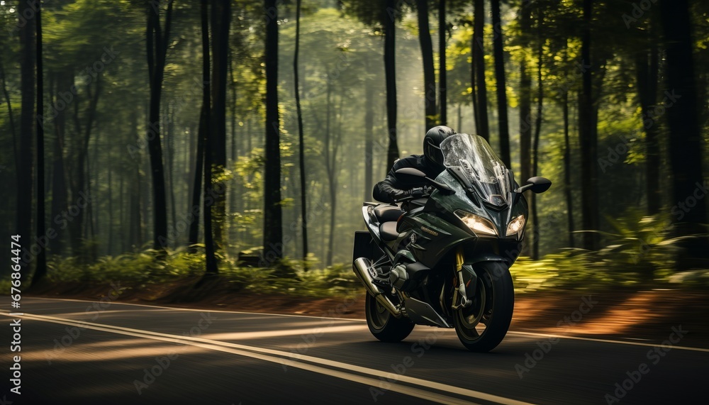 Adventurous motorcyclist embarking on a scenic tour with dynamic motion effect background