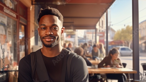Portrait of an happy African-American man in his 30s against the background of a start-up business  shop cafe on a sunny street, generation id © Ihor Korsunsky