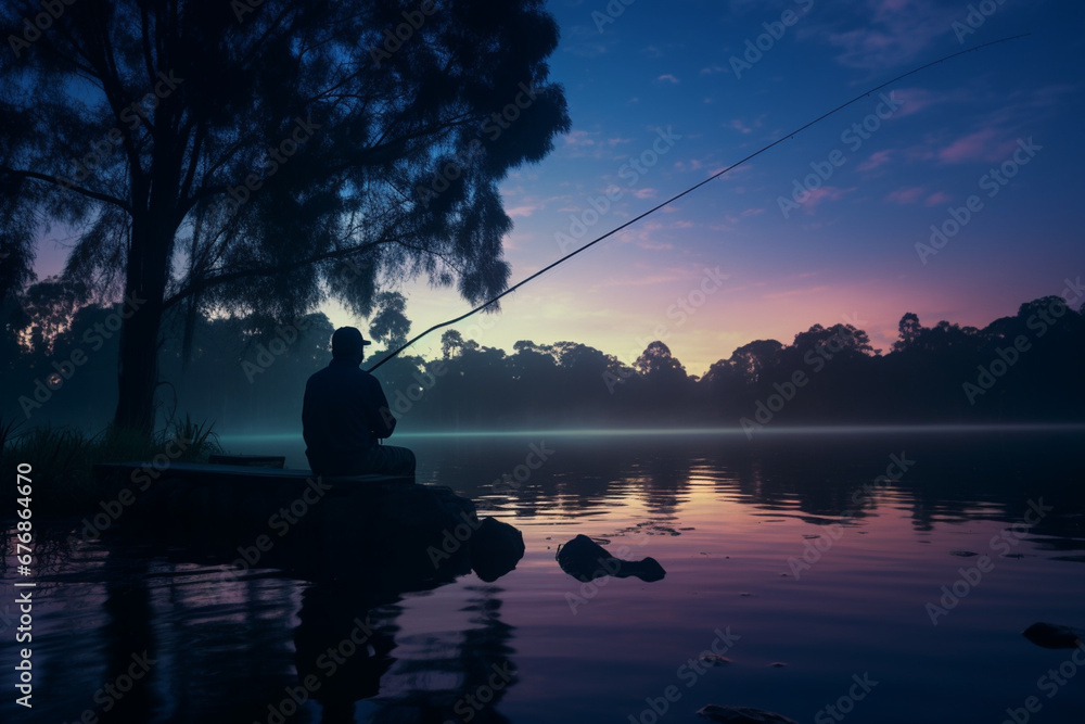 A charming image of a man fishing calmly in a little boat while the sun is setting in the distance. The serene waters have a breathtaking backdrop as the sky is painted with warm, golden tones by the 