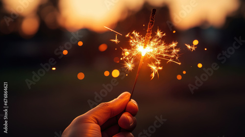 A hand holding a brightly lit sparkler at dusk, with a backdrop of warm bokeh lights from a city street.