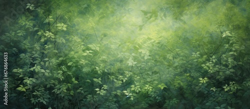 In an abstract nature art piece a long green bush becomes the focal point against a textured background displaying a vibrant pattern of leaves symbolizing the arrival of spring in a sunlit f