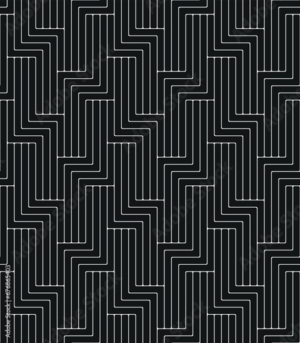 Seamless repeating pattern with interlocking white zigzag thin lines on a black background. Abstract geometric grid. Striped ornament with a modern design. Vector illustration.