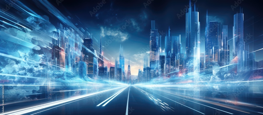 In the abstract cityscape the vibrant blue lights illuminate the modern buildings creating a captivating background as the car speeds through the streets on a holiday travel admiring the stu In the abstract cityscape the vibrant blue lights illuminate the modern buildings creating a captivating background as the car speeds through the streets on a holiday travel admiring the stu