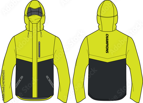 Hiker Anorak Hoodie jacket design flat sketch Illustration, Hiking Hooded utility jacket with front and back view, winter jacket for Men and women. for running, outerwear and workout in winter