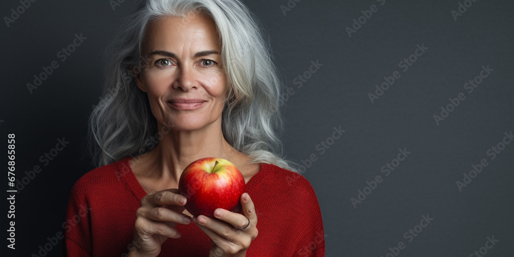 Elderly Lady Smiles, Holding an Apple Against a Subdued Grey Backdrop, AI generated Elderly Lady Smiles, Holding an Apple Against a Subdued Grey Backdrop, AI generated