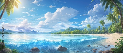 In the background of a stunning summer landscape the azure blue ocean sparkles under the radiant sun creating a breathtaking scene where the water meets the sky embellished by fluffy white 