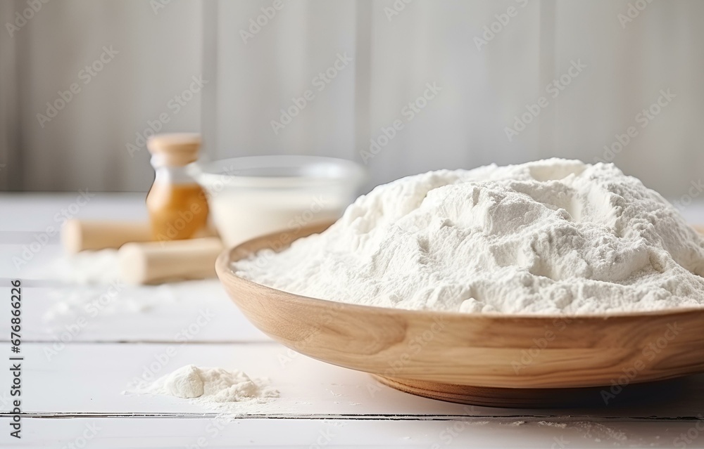 dough and flour cooking on white wooden plate on white wooden table soft light dough and flour cooking on white wooden plate on white wooden table soft light