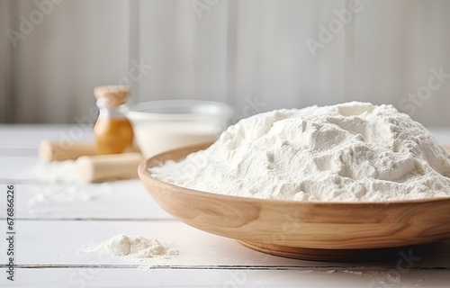 dough and flour cooking on white wooden plate on white wooden table soft light