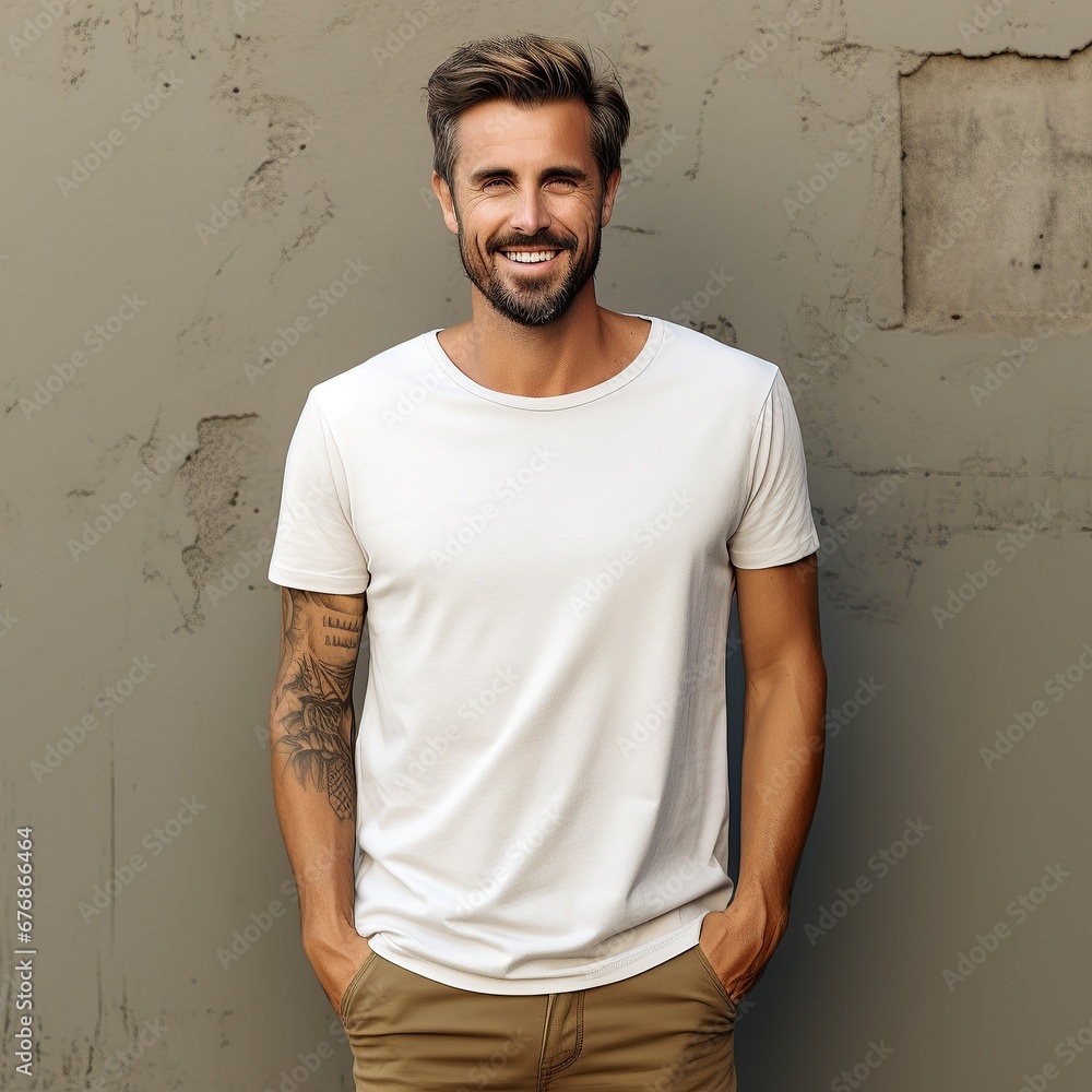 A handsome model wearing blank empty t-shirt for mockup A handsome model wearing blank empty t-shirt for mockup