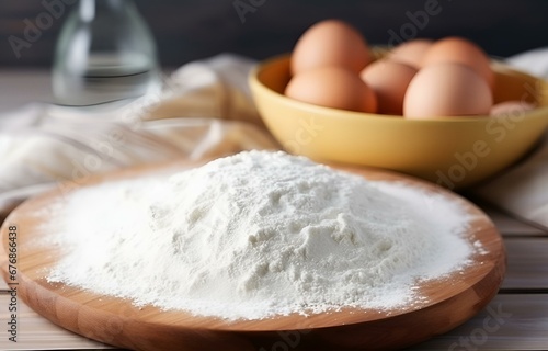 dough, eggs and flour cooking on white wooden plate on white wooden table soft light