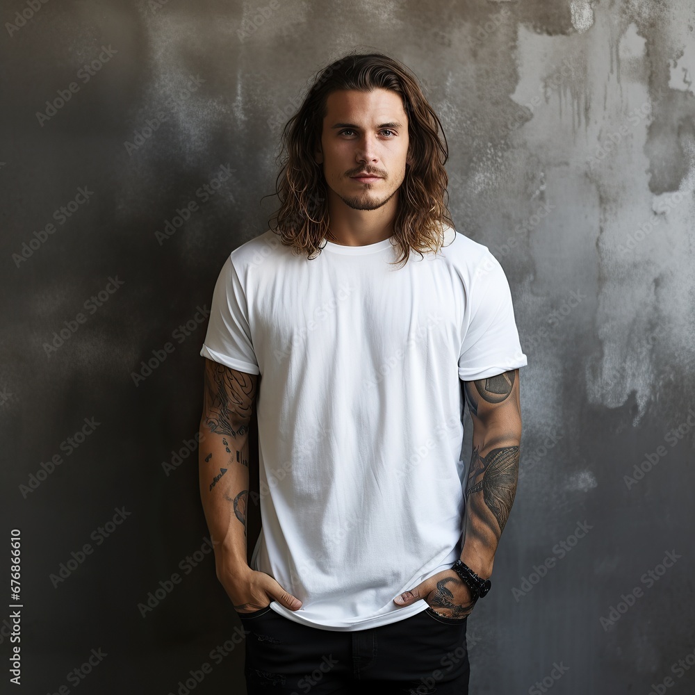 A handsome model wearing blank empty t-shirt for mockup A handsome model wearing blank empty t-shirt for mockup