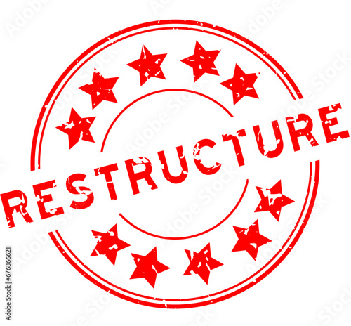 Grunge red restructure word with star icon round rubber seal stamp on white background