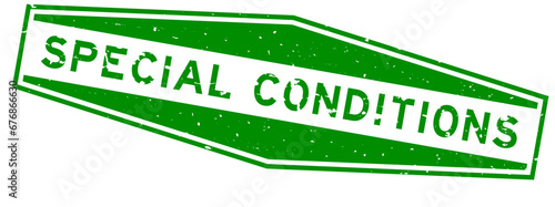 Grunge green special conditions word hexagon rubber seal stamp on white background