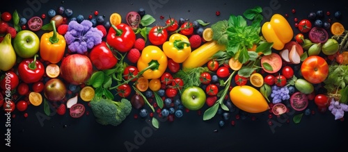 In a summer garden filled with green foliage and blooming nature a vibrant rainbow of fruits including tomatoes decorates the background like a refreshing wallpaper perfectly representing t
