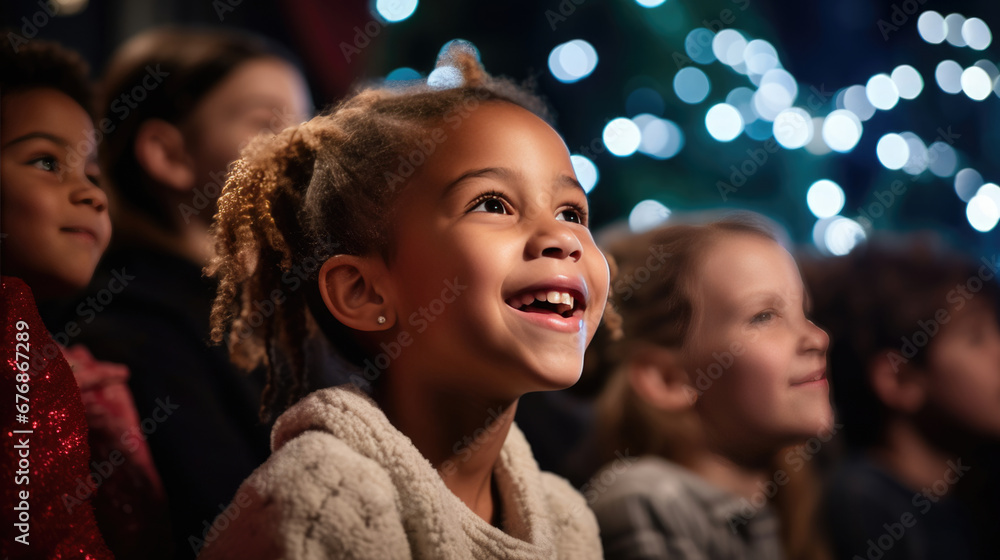 A joyful audience of adults wearing Santa hats and winter clothing, smiling and looking up with expressions of happiness and excitement, gathered indoors possibly during a Christmas event A joyful audience of adults wearing Santa hats and winter clothing, smiling and looking up with expressions of happiness and excitement, gathered indoors possibly during a Christmas event