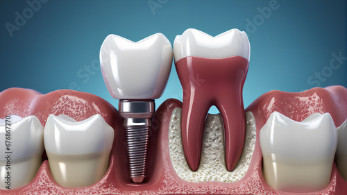  Dental implant - illustration of a tooth. Dentistry theme depicted through a graphic representation of a dental implant, Generative AI.