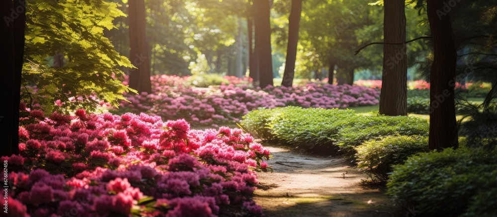 In the beautiful summer garden the floral beauty of red and pink flowers adds a vibrant touch to the lush greenery of nature with blooming trees and ornamental plants creating a picturesque In the beautiful summer garden the floral beauty of red and pink flowers adds a vibrant touch to the lush greenery of nature with blooming trees and ornamental plants creating a picturesque