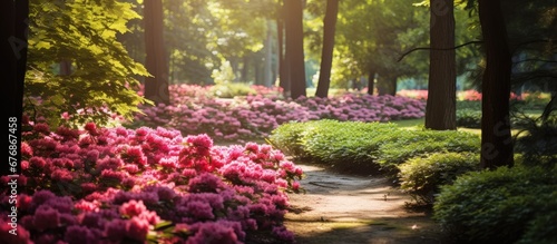 In the beautiful summer garden the floral beauty of red and pink flowers adds a vibrant touch to the lush greenery of nature with blooming trees and ornamental plants creating a picturesque  photo