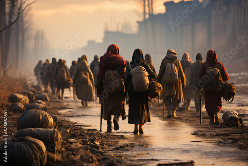 war refugees march while leaving their homeland photo