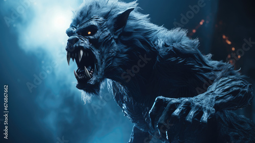 A fearsome werewolf with glowing eyes and bared teeth in a misty, moonlit night setting.