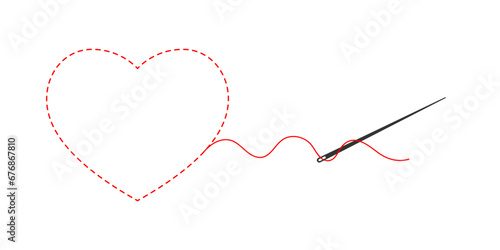 Red heart. Drawing of a needle and thread. Embroidery and needlework. Line art drawing. Vector illustration.