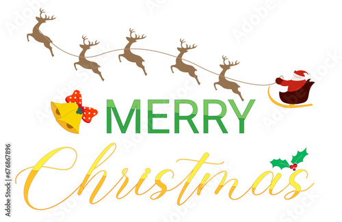 Merry Christmas greetings sign. .Merry Christmas card with Santa Claus flying on the sky in sleigh with reindeer at night, beautiful full moon on background, vector illustration.