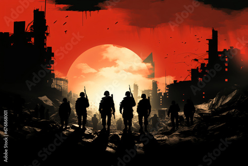 silhouette of army in the ruined city