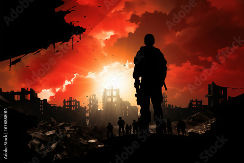 silhouette of army in the ruined city