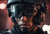 Close up portrait of cruel cyberpunk special forces soldier