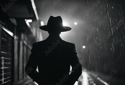 Noir movie back view of 40s detective wearing hat standing under the rain