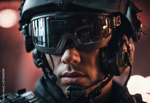 Close up portrait of cruel cyberpunk special forces soldier photo