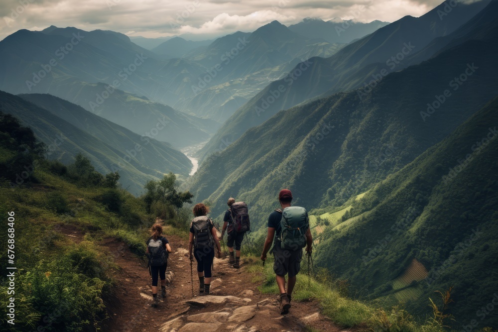 Group of adventurous hikers trekking up a rugged mountain trail, surrounded by lush greenery and a breathtaking mountain landscape. AI generative