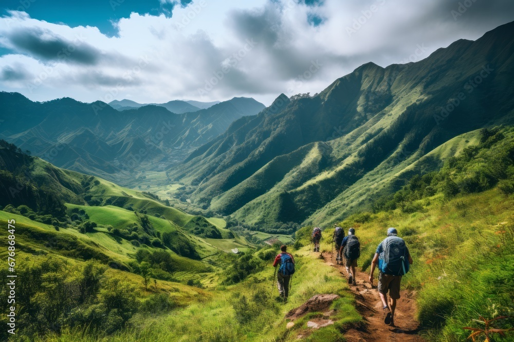 Group of adventurous hikers trekking up a rugged mountain trail, surrounded by lush greenery and a breathtaking mountain landscape. AI generative