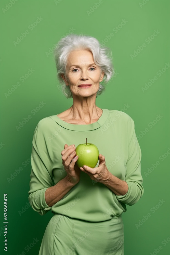 Smiling Mature Lady Holds an Apple, Portrait Amidst a Verdant Backdrop, AI generated Smiling Mature Lady Holds an Apple, Portrait Amidst a Verdant Backdrop, AI generated