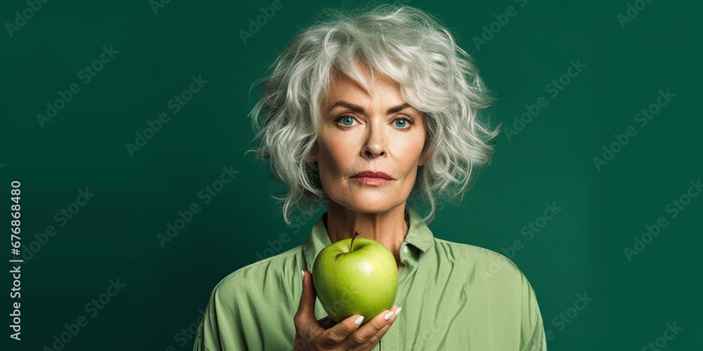 Smiling Mature Lady Holds an Apple, Portrait Amidst a Verdant Backdrop, AI generated Smiling Mature Lady Holds an Apple, Portrait Amidst a Verdant Backdrop, AI generated