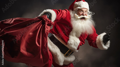 Santa Claus in a dynamic pose, carrying a large red sack over his shoulder with a jovial and spirited expression on his face