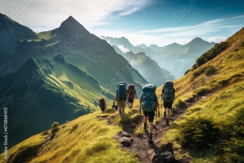 Group of adventurous hikers trekking up a rugged mountain trail, surrounded by lush greenery and a breathtaking mountain landscape. AI generative © tiena