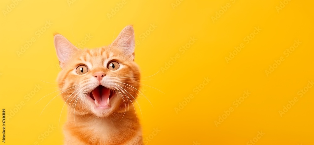 a funny happy  cat is surprised isolated on yellow background, horizontal banner, copy space for text