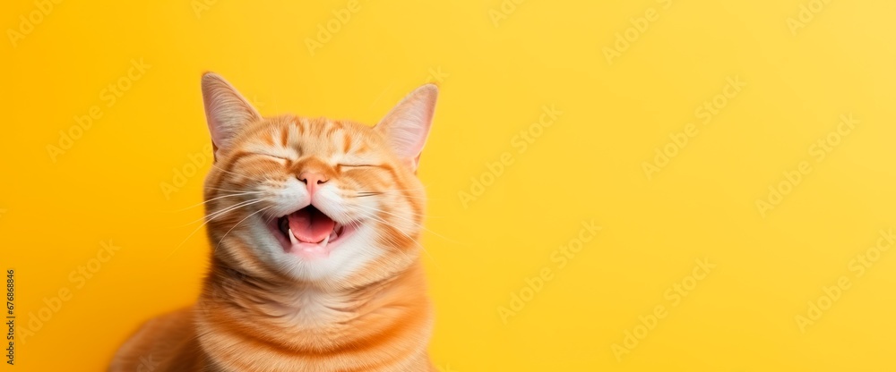 a funny happy  cat is laughing isolated on yellow background, horizontal banner, copy space for text - obrazy, fototapety, plakaty 