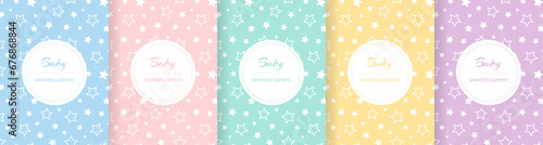 Cute baby seamless pattern. Repeating kid pattern. Girls and boys prints design. Repeated wallpaper. Pastel line. Repeat child background. Soft blue, pink, yellow, green color. Vector illustration