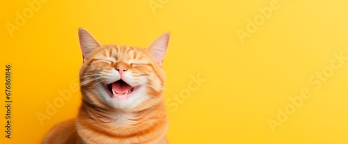 a funny happy  cat is laughing isolated on yellow background, horizontal banner, copy space for text photo