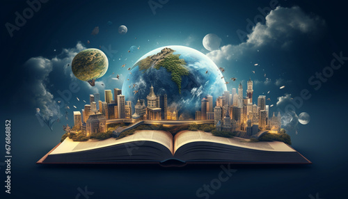 magic book and earth globe  generating by AI technology photo