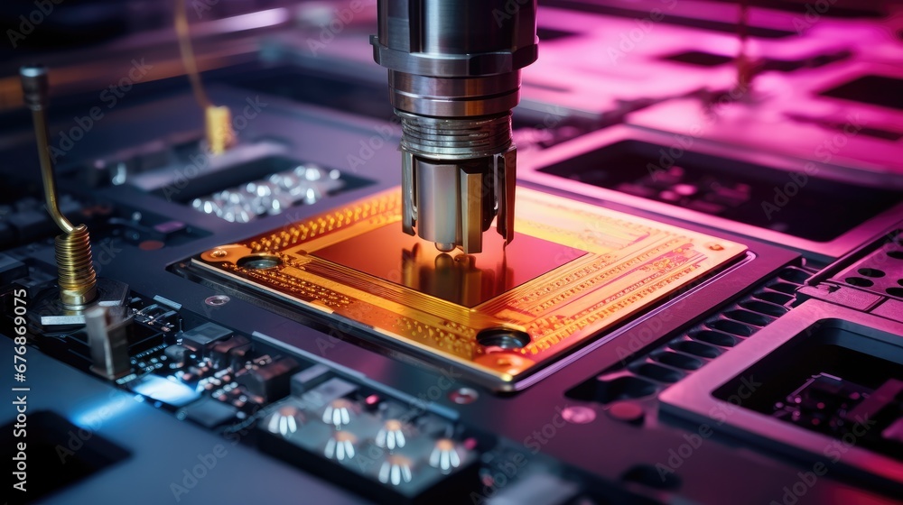 Close-up view of manufacturing advanced computer chips and semiconductor products. Close-up view of manufacturing advanced computer chips and semiconductor products.