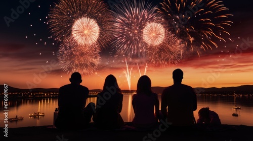 Silhouette of a group of people watching celebration fireworks over the night city.