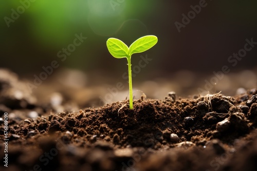 Close-up macro photo of a young green tree plant sprout growing up from the black soil the morning sunlight.
