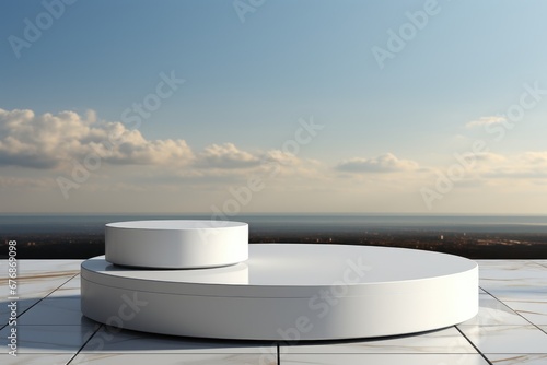 White podium 3D illustration platform podium with plant product presentation background.
