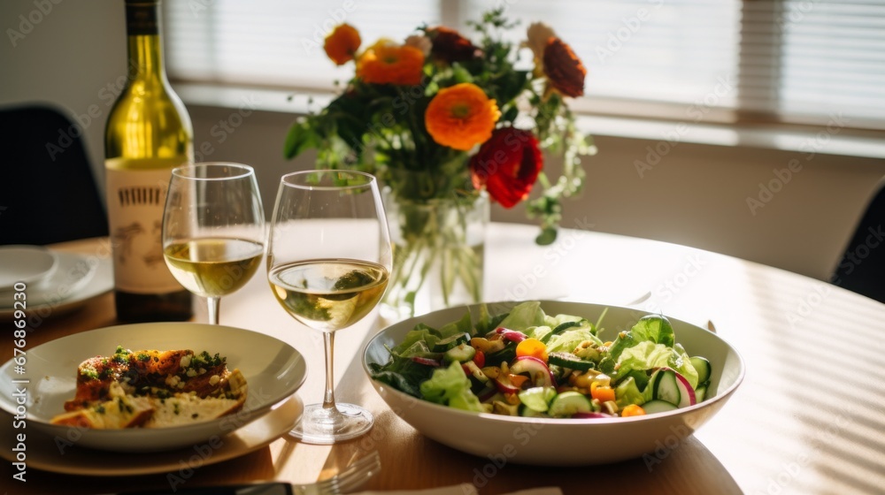 Festive food and wine on a luxurious covered table Festive food and wine on a luxurious covered table