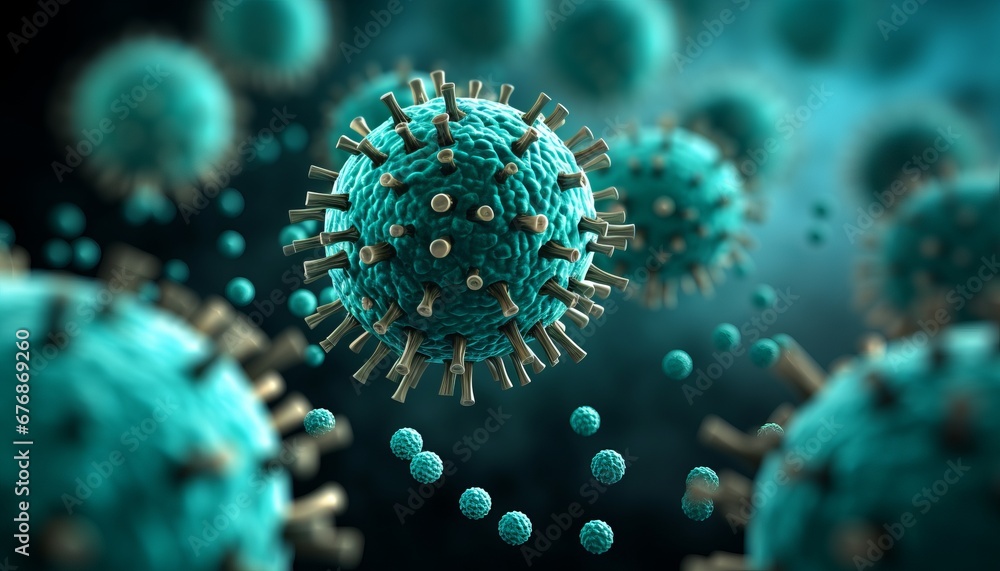 Influenza background with flu covid 19 virus cell conceptual image of coronavirus covid 19 outbreak - obrazy, fototapety, plakaty 