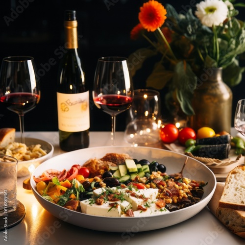 Festive food and wine on a luxurious covered table